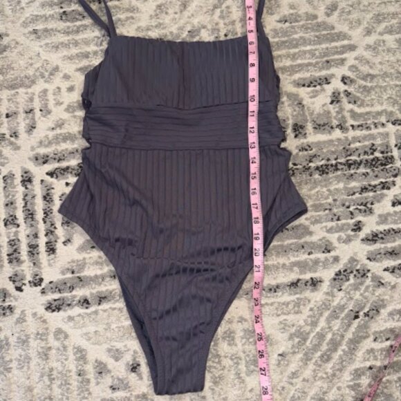 Dark Gray Ribbed One Piece Swimsuit Women Large Shade & Shore - Picture 4 of 10